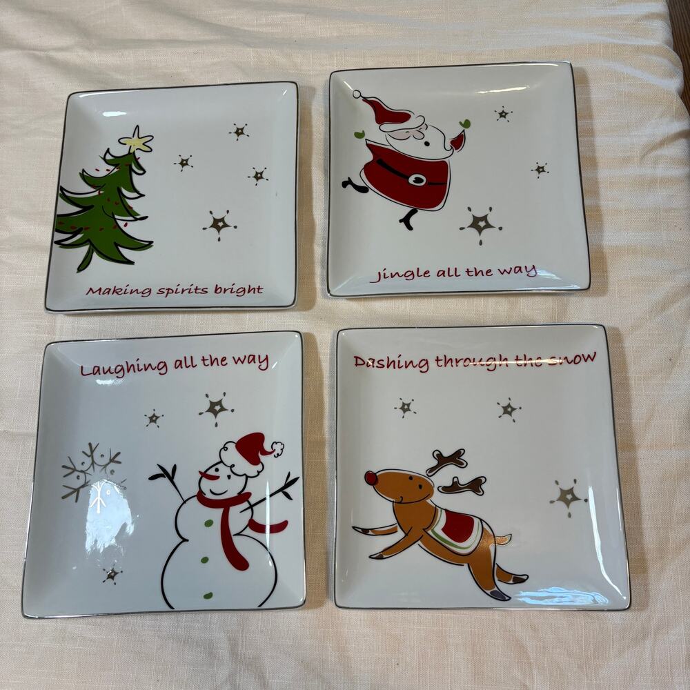 Studio JCPenney Christmas Dessert Plates Set of 4 Snowman Wreath Holiday